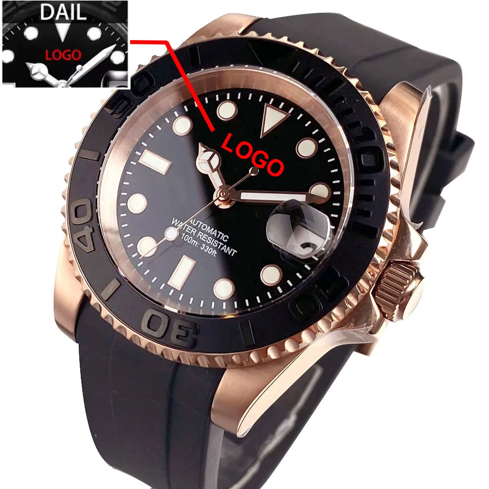Customized Mechanical Mens Watch NH35A Automatic Movement Sapphire Glass Ceremic Insert Rubber Strap Rose Gold Steel Buckle