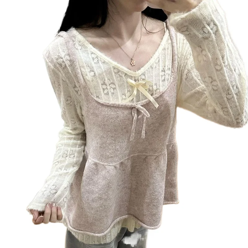 ชุดเซ็ตสองชิ้น เสื้อสเวตเตอร์ผู้หญิง สไตล์สาวหวาน โบว์น่ารัก ถักนิตติ้ง สไตล์เกาหลี คอวี แนวค็อกเก็ต