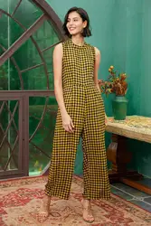 Women's Yellow Plaid Jumpsuit Mock Neck Wide Leg One Piece Romper Sleeveless Autumn Fall Outfits Female Playsuit Onesies  Cloth