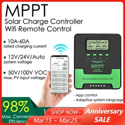 12V 24V Auto Wifi MPPT Solar Charge Controller 10A-60A Dual USB Solar Panel Regulator for Lifepo4 Lead Acid Lithium Battery