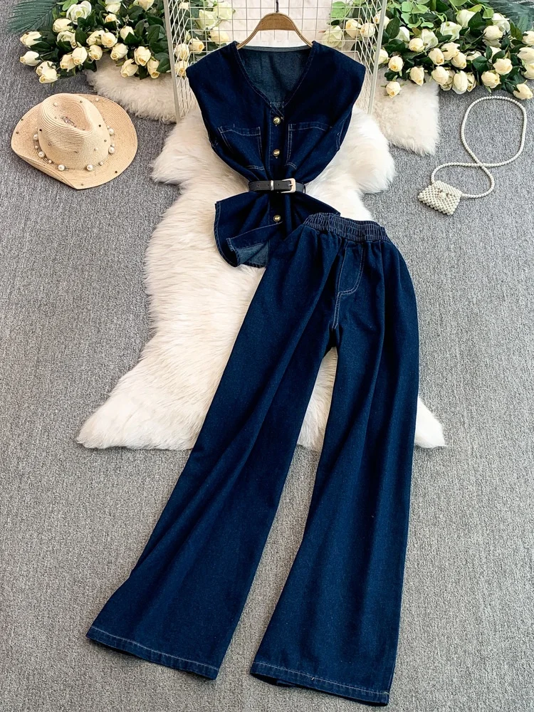

Slimming High Waist Wide Leg Pants Set V-Ne Svel Denim Waist Cinching Jaet Summer Faion Women's Two-Piece Suit