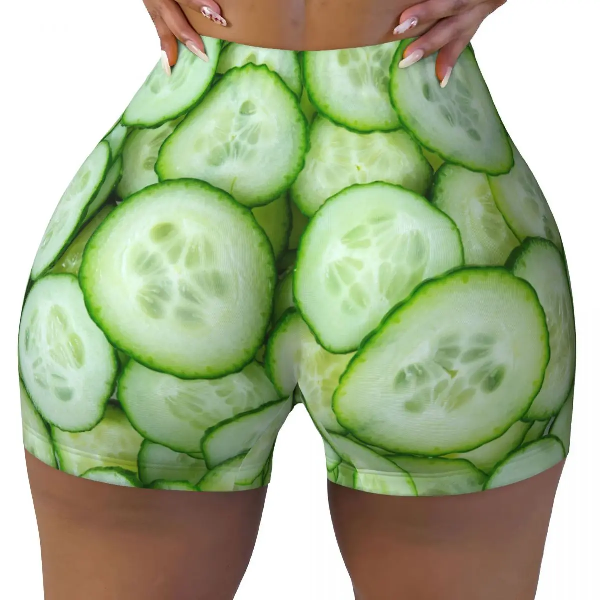 Push Up Short Elasticity Scrunch Butt Cucumbers Cut Print Running Shorts Sports Shorts Womens Clothes Gym