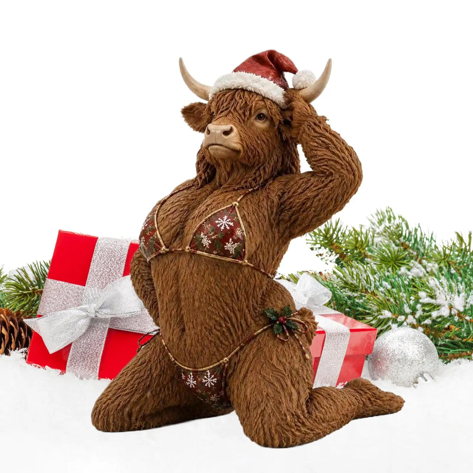 Christmas Cow Sculpture Funny Christmas Collectible Display Snowflake Bikini Santa Cow Figurine For Bookshelf Nightstand Dining