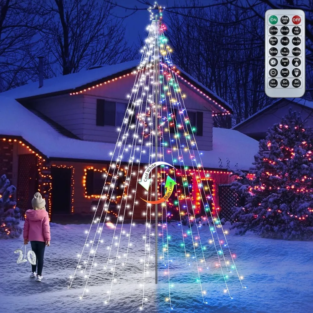 

Color Changing Christmas Tree Lights - 10Ft 404 LED with 7.08" Topper, Remote Controll Waterproof Iron Pole Waterfall Lights