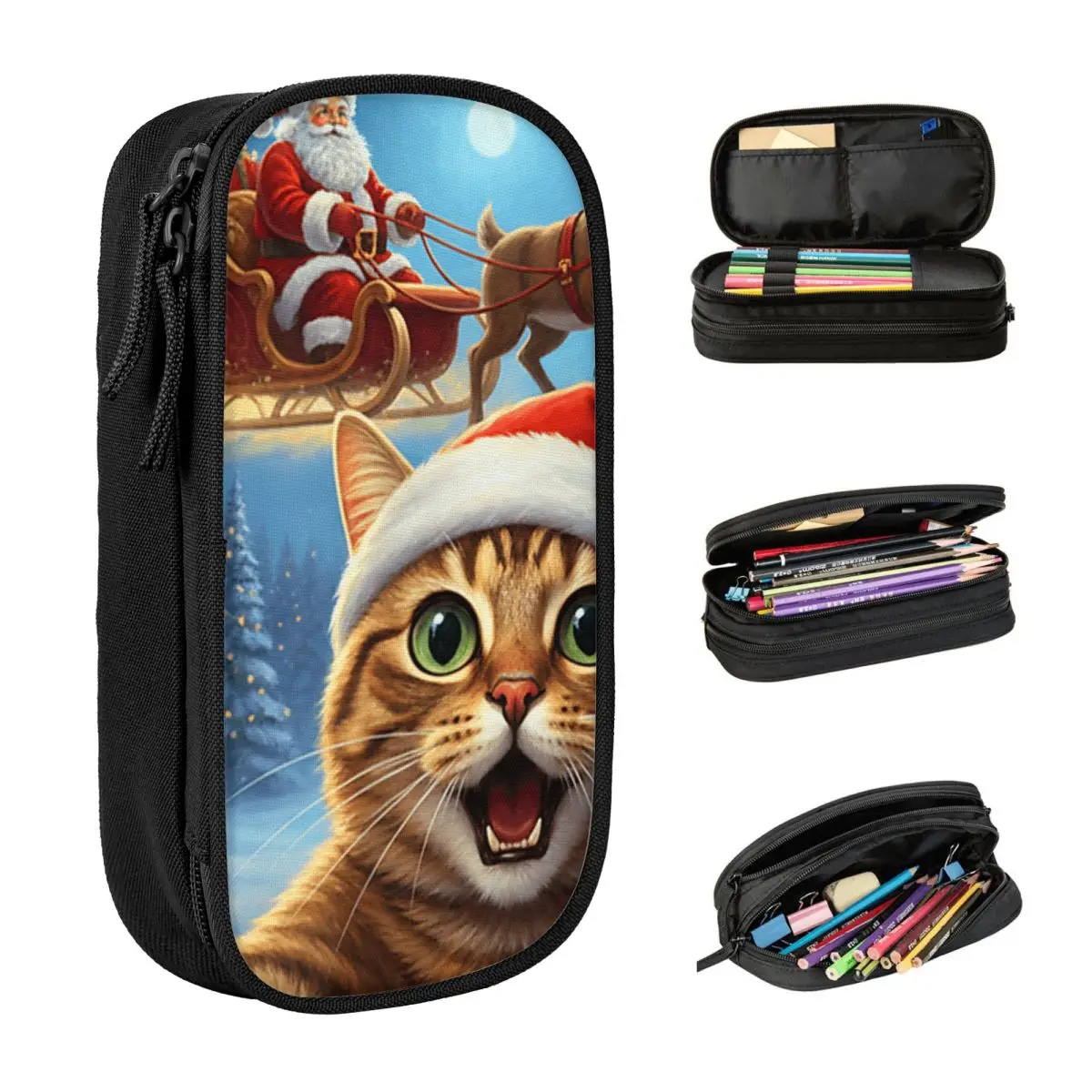 Cute Pencil Case Cat Selfie Santa Claus Sleigh Reindeer Christmas Pencil Bag School Pencil Cases Boy Girl Stationery Organizer