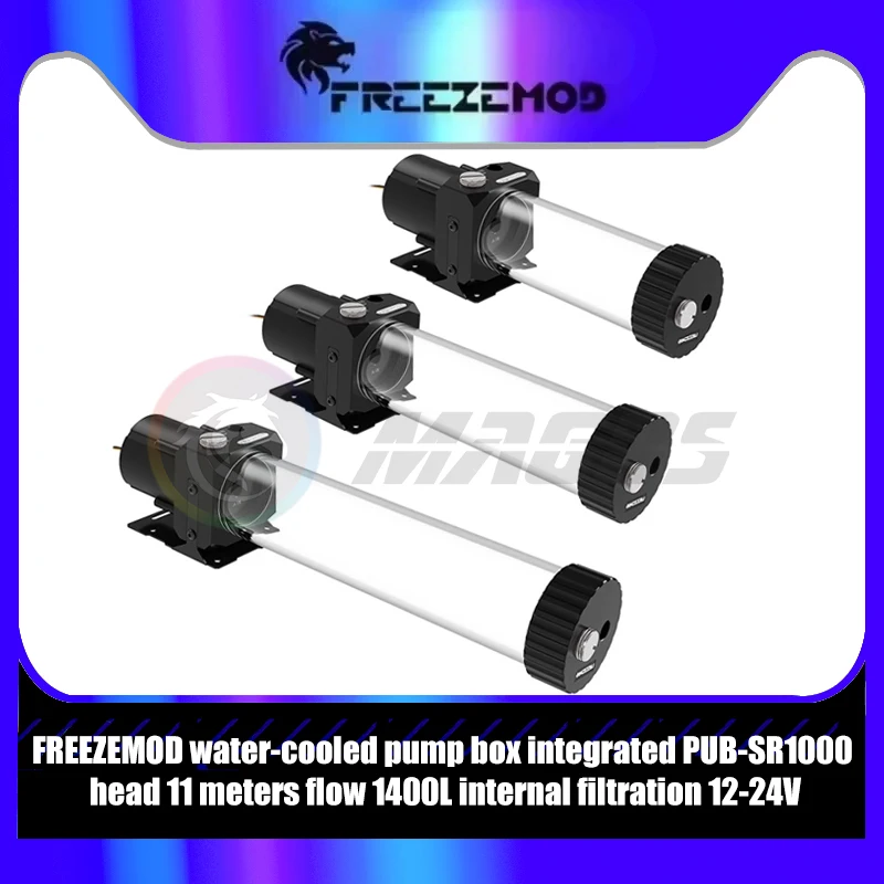 

FREEZEMOD AIO Насос водяного охлаждения, высокая скорость расхода 12 В (1200 л/ч) / 24 В (1400 л/ч), + общая длина резервуара 26-36 см, PUB-SR1000