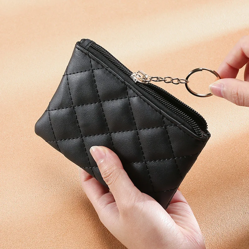Couro do plutônio zip moeda carteira chaveiro moda feminina pequena bolsa dinheiro designer losango padrão curto mudança bolsa moeda bolsa