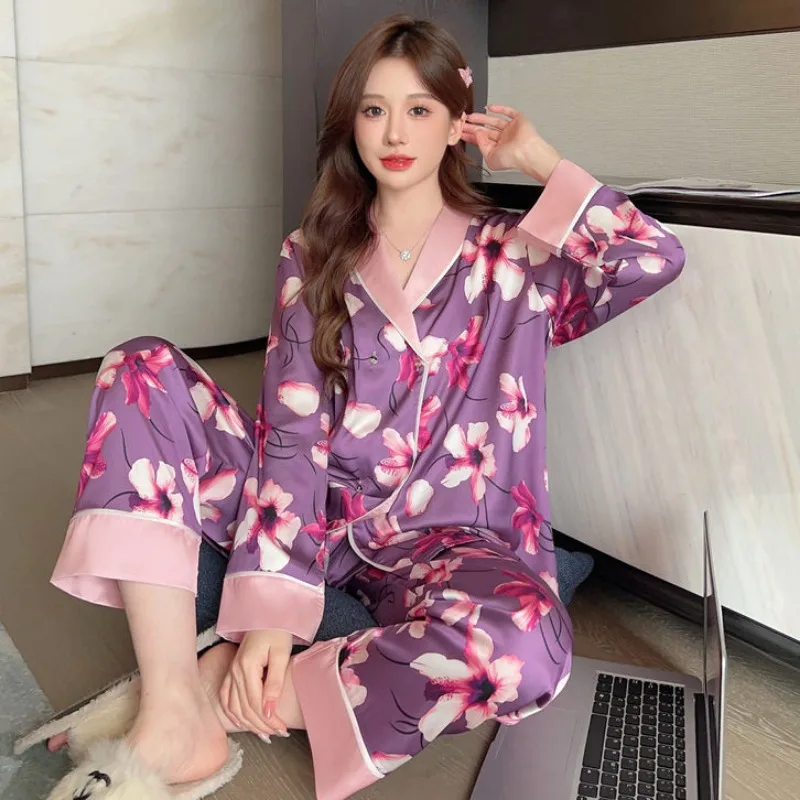 2024 New Female Ice Silk Pajamas Spring Autumn Women Long Sleeve Trousers Casual Homewear Suit Large Size Thin Nightclothes Sets