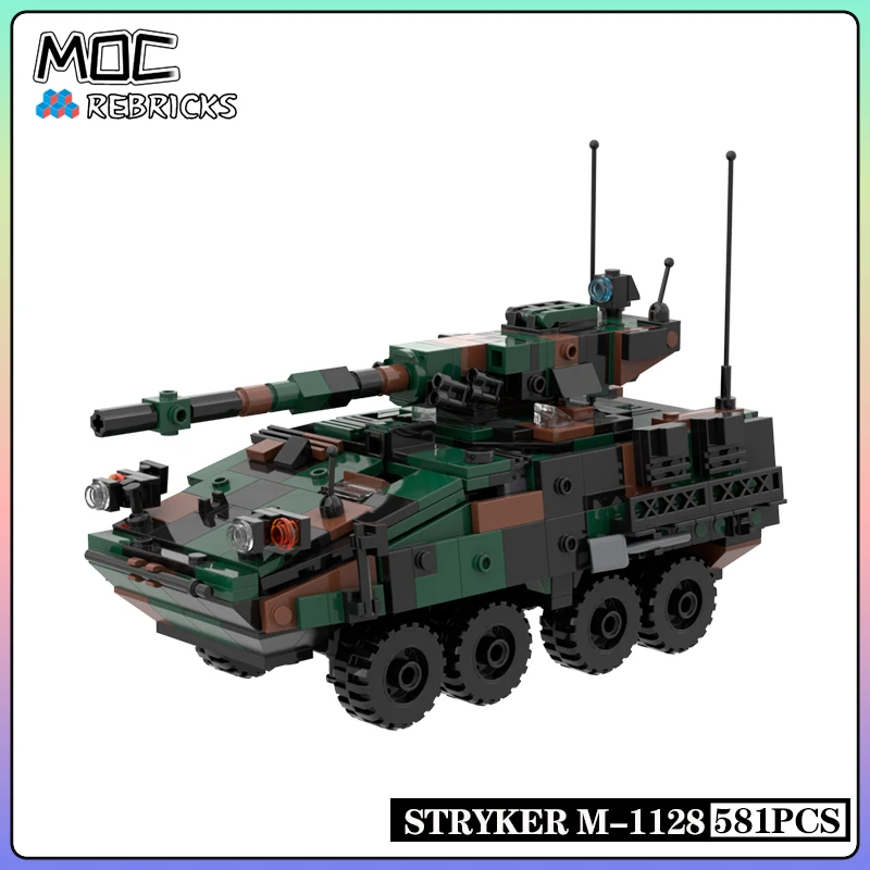 Military Series MOC Land Force Stryker M-1128 Armored Vehicle With Motor Gun Building Block Set DIY Boy Toys Christmas Gifts