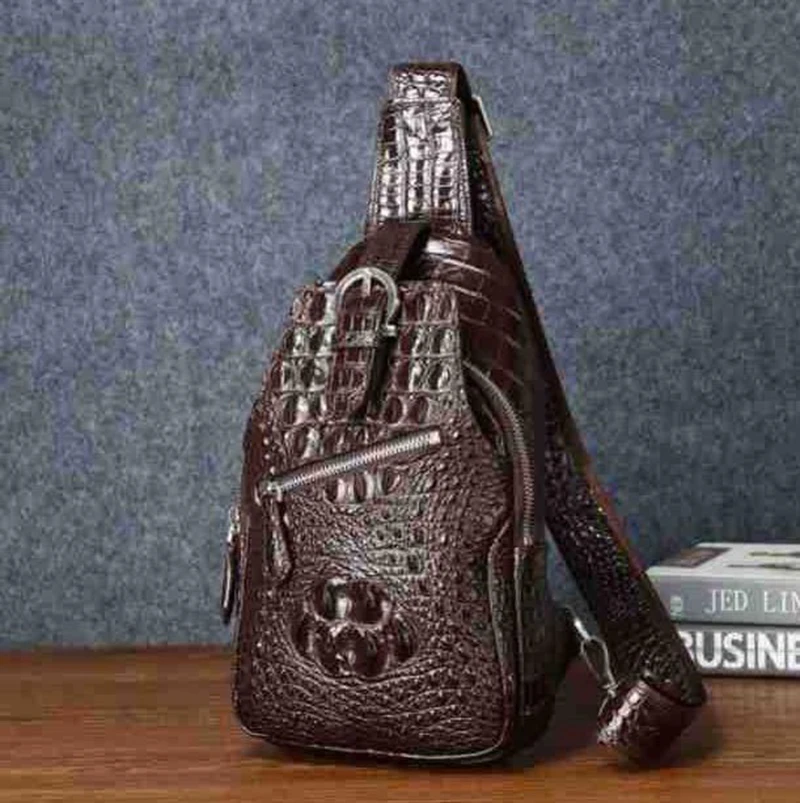 Bolso de pecho con patrón de cocodrilo para hombre, bolso de cuero genuino con correa Diagonal, bolso de pecho al aire libre, bolso de moda para
