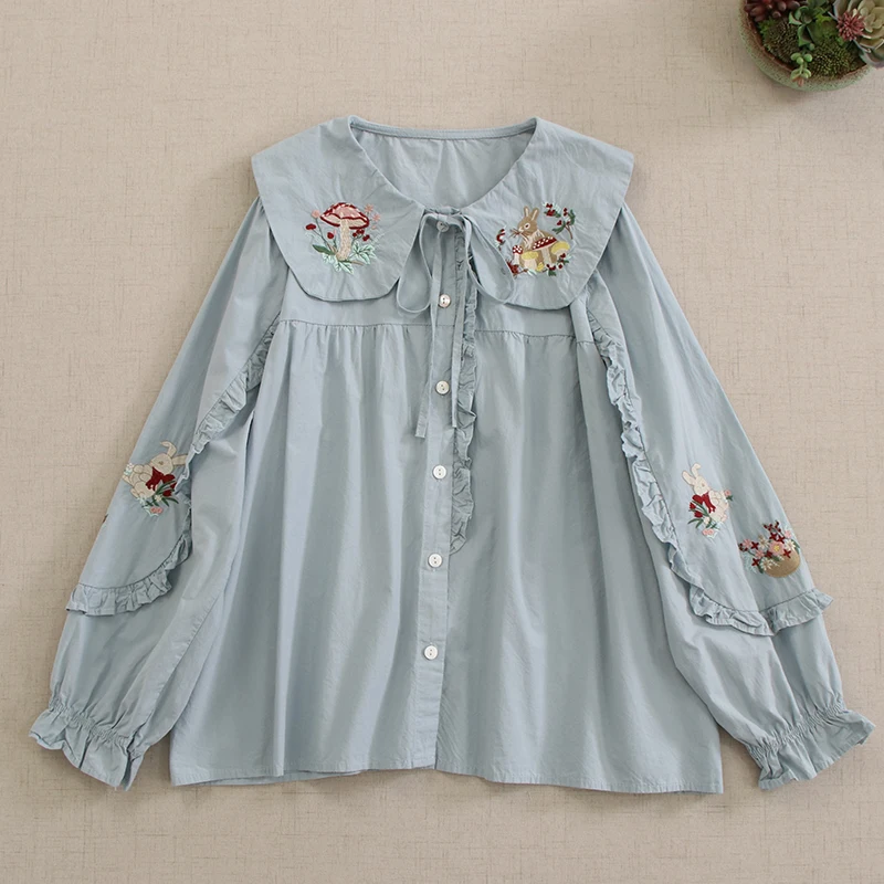 Sweet Mori Girl Kawaii Rabbit Flower Embroidery Cotton Shirts Women Spring New Japanese Peter Pan Collar Long Sleeve Casual Tops