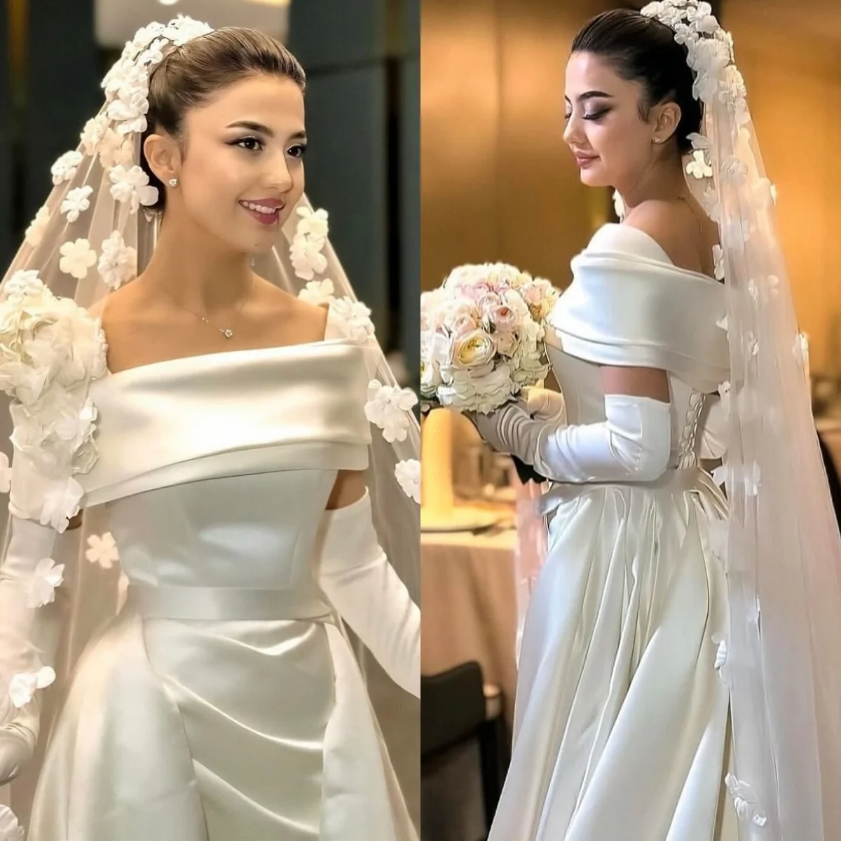 Gaun Pengantin Klasik Putih Sederhana yang Dapat Disesuaikan, Gaun Pesta Pengantin Satin Berkualitas Tinggi yang Lembut, Model Off-Shoulder dengan Detail Ruched