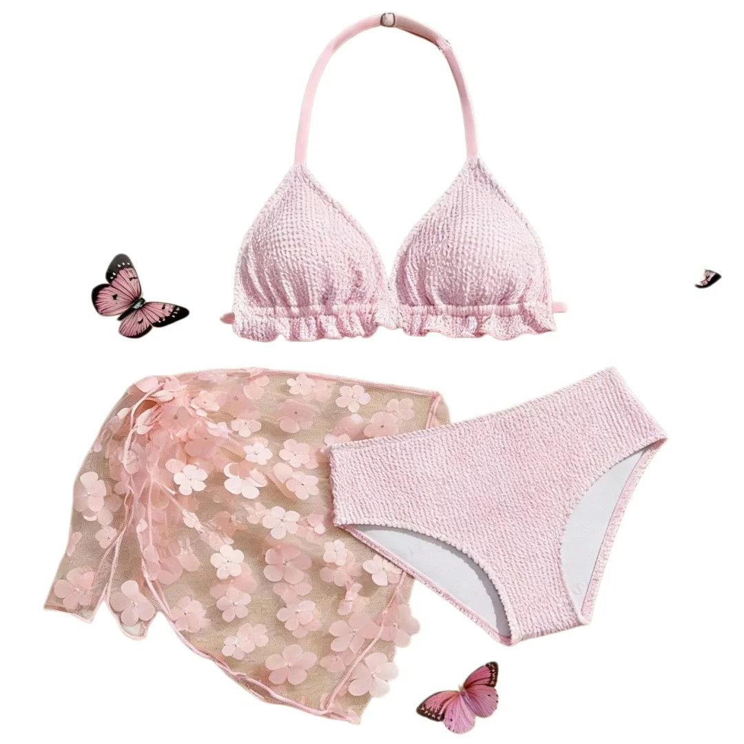 Tween And Teen Girl 3pcs Bikini Sets 3D Floral Mesh Beach Skirt 7-16 Years Kids Girl Swimsuit Cute Casual Big Girl Bathing Suit - view 6