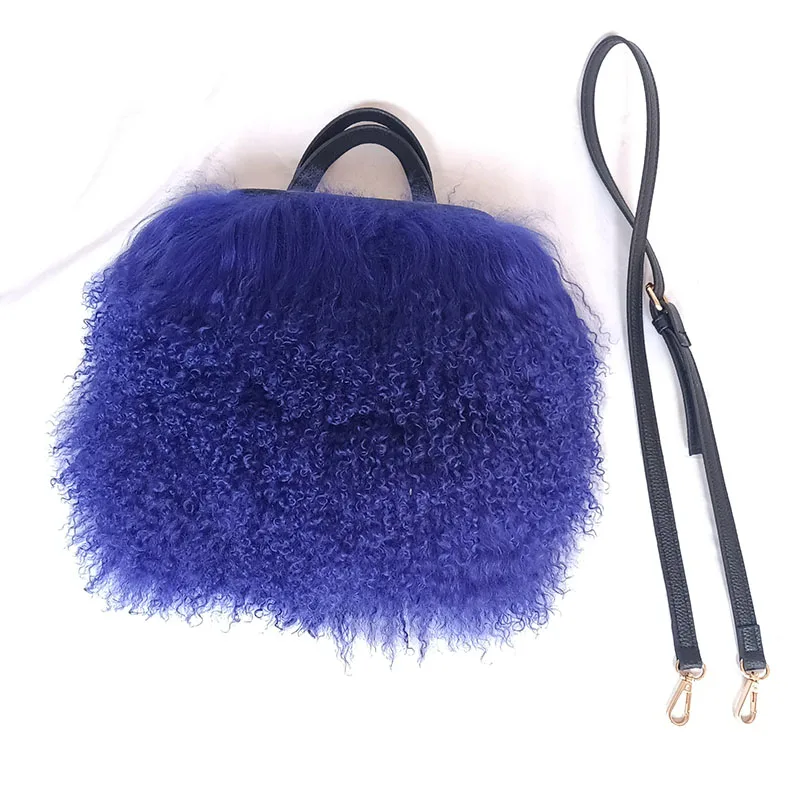 2023 Women Real Mongolia Lamb Fur Bag Natural Sheep Fur Handbag With Long Belt Real Lamb Fur Handle Bag