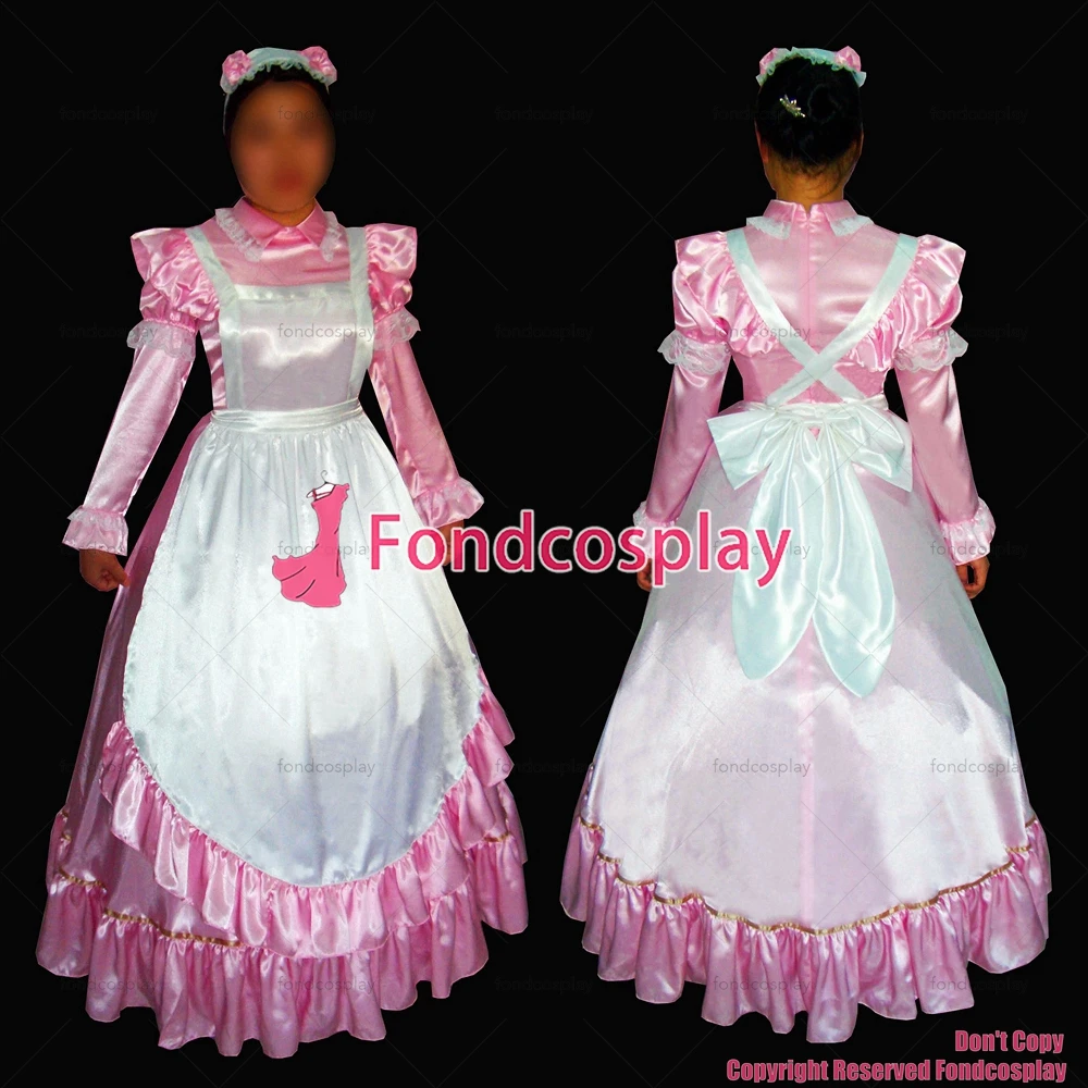 Fondcosplay adulto sexy cross dressing sissy maid abito lungo in raso rosa uniforme con serratura grembiule bianco costume CD/TV[G272]