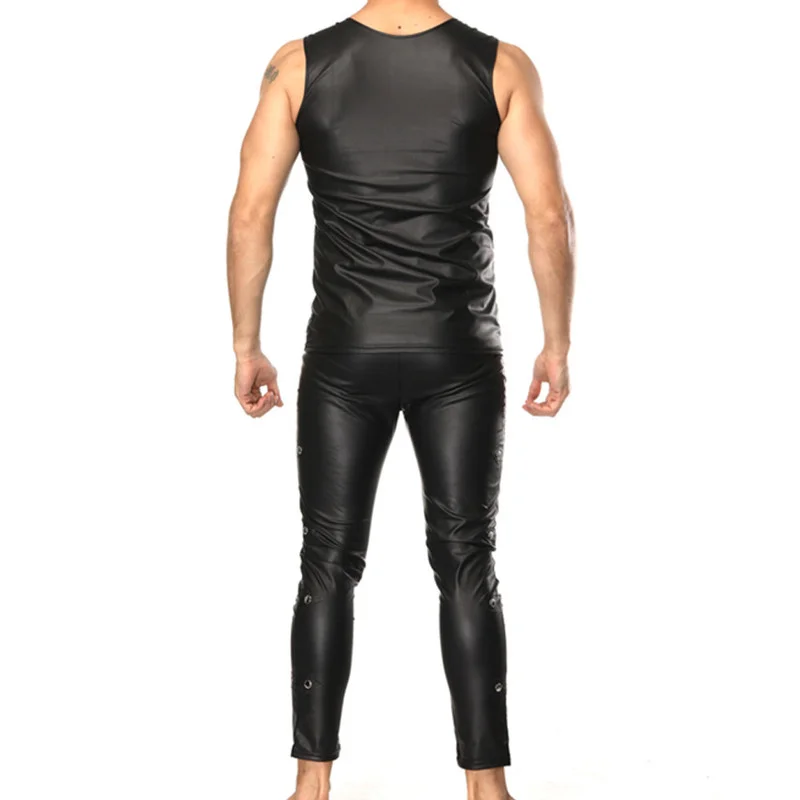 Mens Undershirts Patend Leather Vest Sleeveless T-shirts Nightclub Tank Top Faux Leather Stage Dance Skinny Pants Or Clothes Set