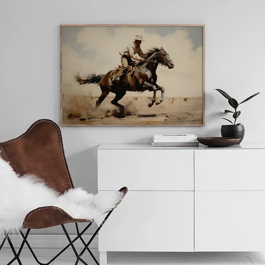 West Cowboy Riding Horse Watercolor Black And White Boho Wall Art Canvas Painting Prints Picture Living Room Interior Home Decor