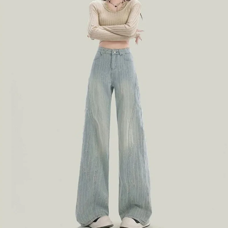 جينز أزرق فاتح مرقع للنساء ربيع الخريف فضفاض مستقيم الساق بنطلون أمريكي ريترو عالي الخصر واسع الساق الدينيم السراويل #3