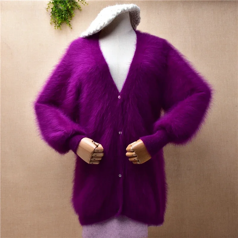 

04 Ladies Women Fall Winter Clothing Hairy Mink Cashmere Knitted Long Lantern Sleeves V-Neck Slim Cardigans Angora Fur Sweater