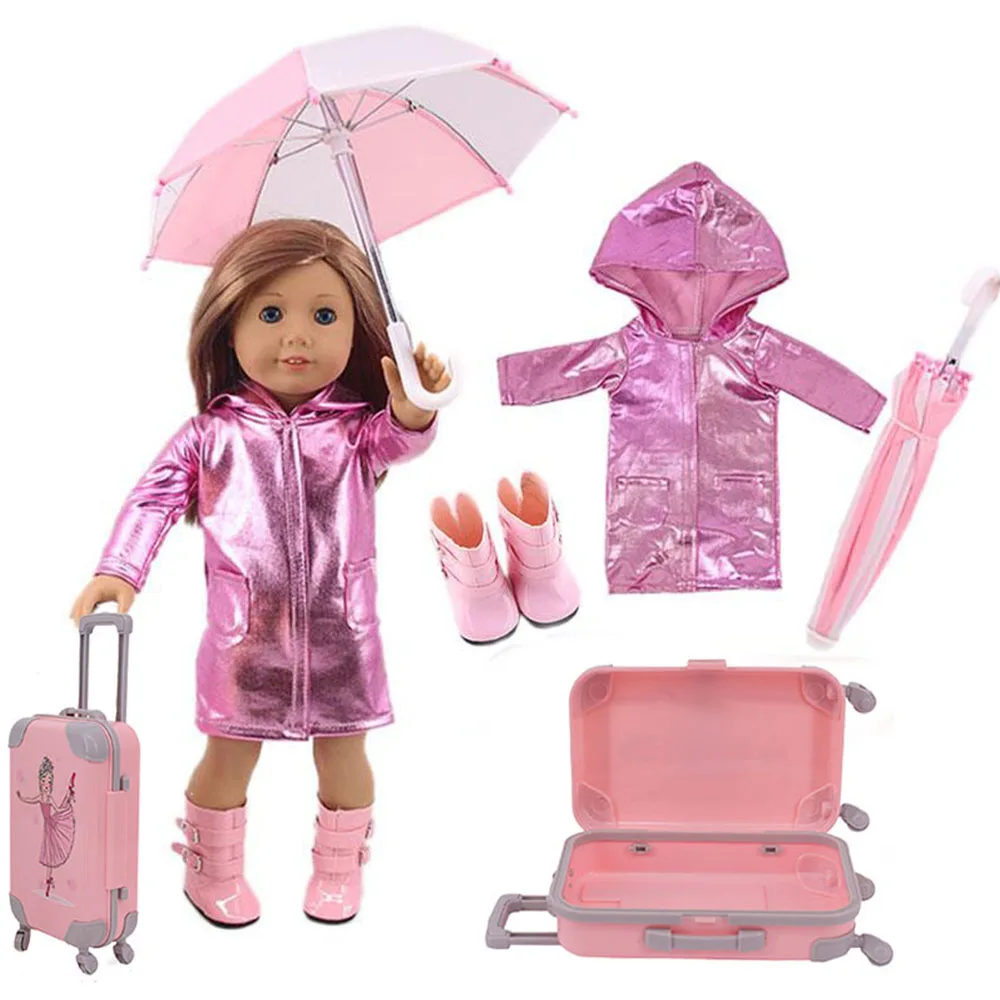 

4Pcs=Raincoat+Umbrella+Rain Boots+Suitcase For 18 Inch American Doll&43Cm Reborn Baby Doll Accessories Generation Girl DIY Toys