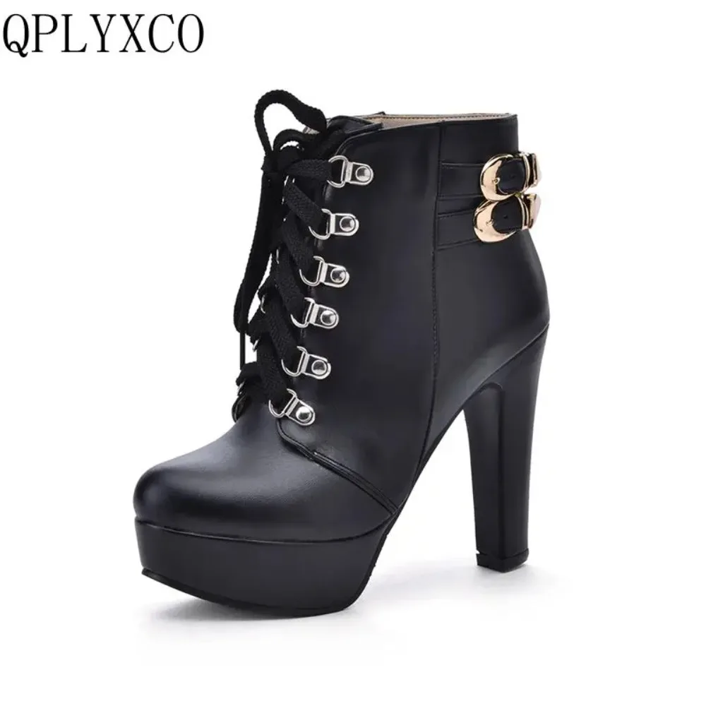 QPLYXCO Women\'s Ankle Boot Big Size 34-50 Lace-Up High Heels 12cm Platform Bootie for Autumn Winter Sexy Wedding Party 3872