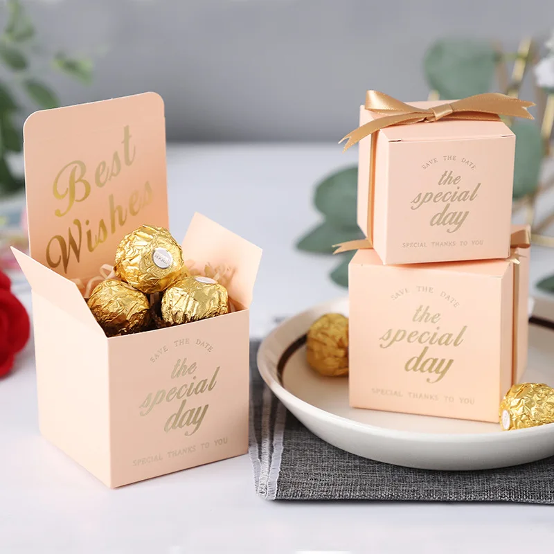 Simple Red Green Blue Cube Candy Boxes Wedding Party Supplies Gift Packing Box with ribbon Baby shower Favors goodie Gift Bag