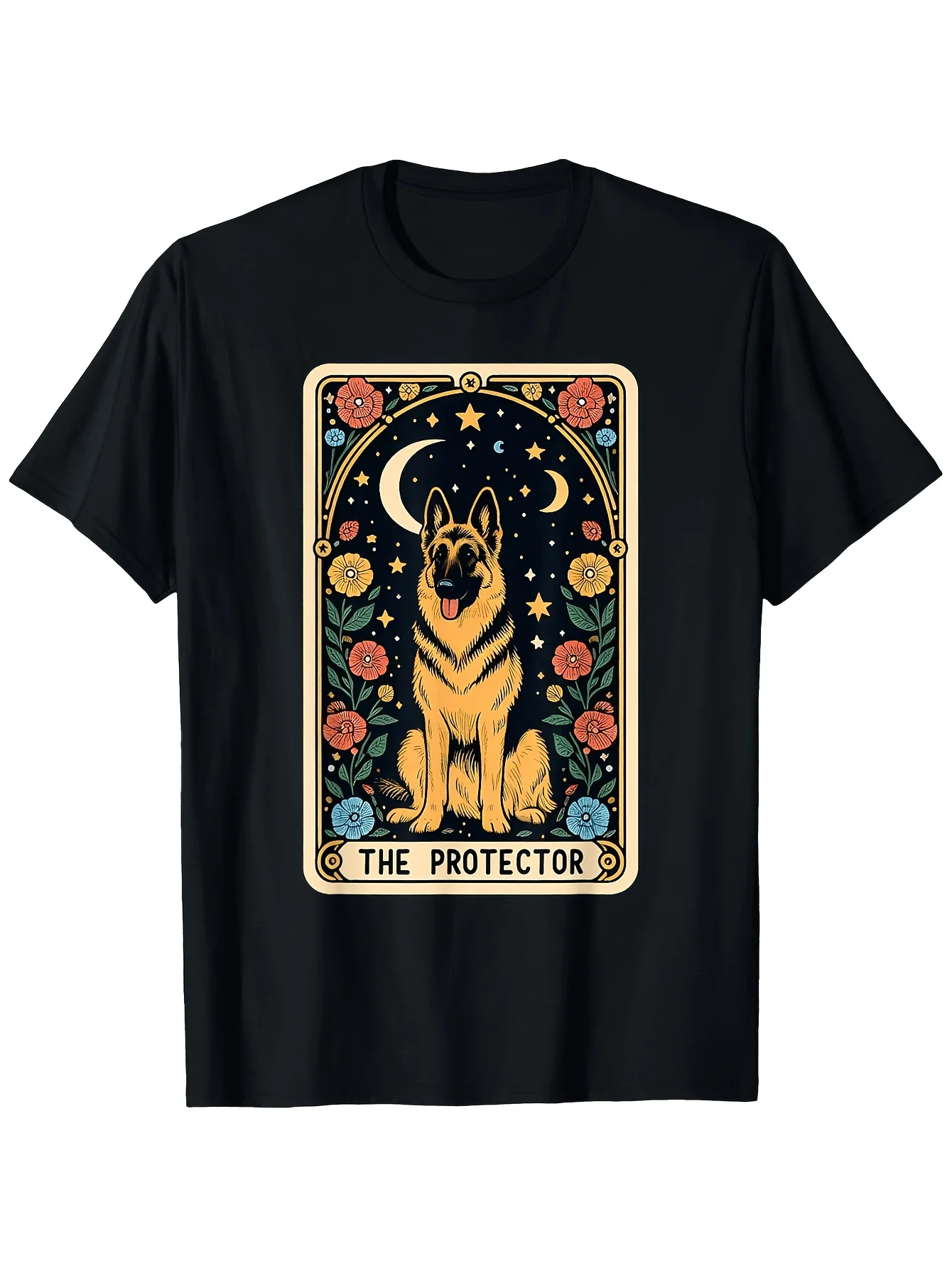Unisex Adult Card T-Shirt - The Protector German Shepherd And Floral Celestial Design,  180 Heavyweight, Loose Fit Streetwear, Large Sizes 1XL-5XL, Black, Gift for Dad Mom Friends, Streetwear