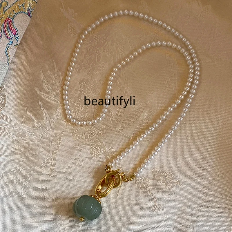 Pearl necklace women's imitation jade pendant collarbone chain light luxury niche neck chain with jewelry