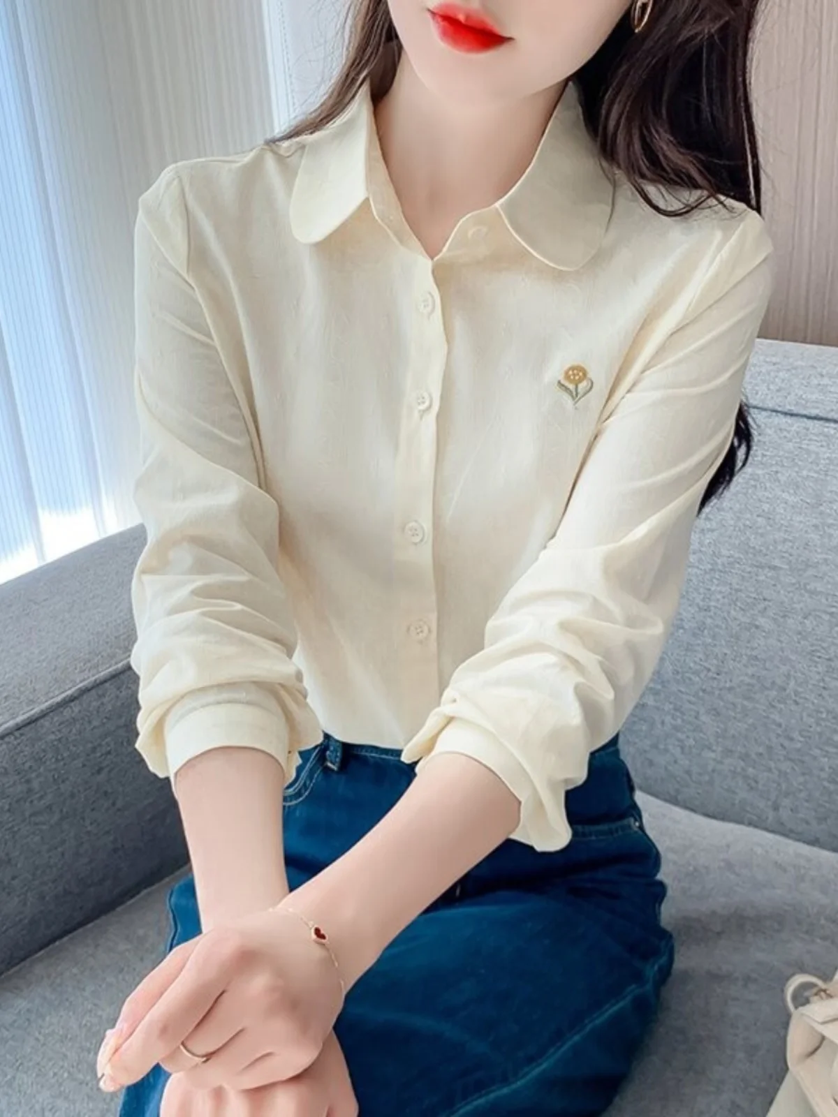 

Fenshixuan Pure Cotton Long Sleeve Embroidered Doll Collar Women's Shirt Spring Autumn New Style Versatile Top Korean Style