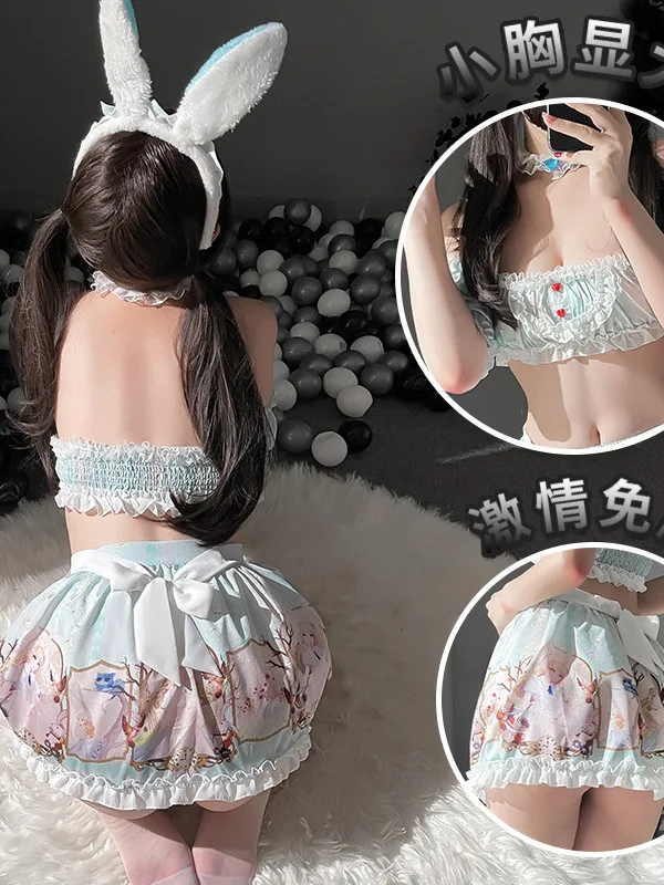 Sweet Cute Girl Sexy Split Lolita Printed Maid Rabbit Jk Uniform Bandage Off Shoulder Top Two Piece Skirt Set 2024 New OGA2