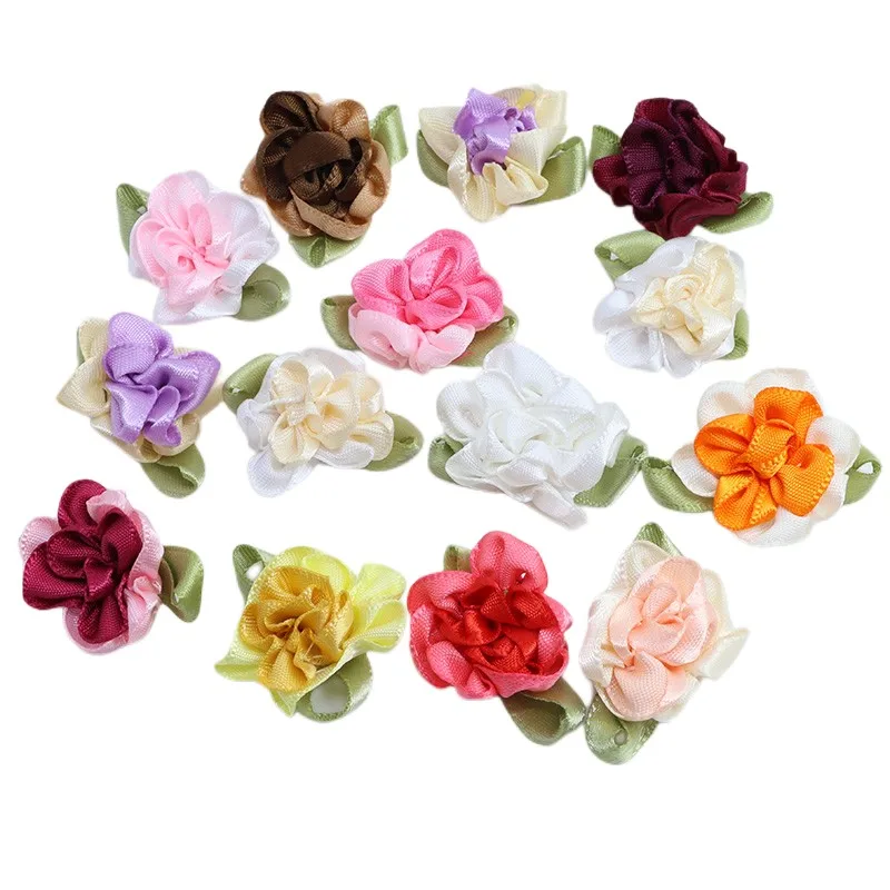 200pcs 30mm Double Colours Flower Heads Carnation With Green Leafe Handmade DIY Hairbow Sewing Garments Materials