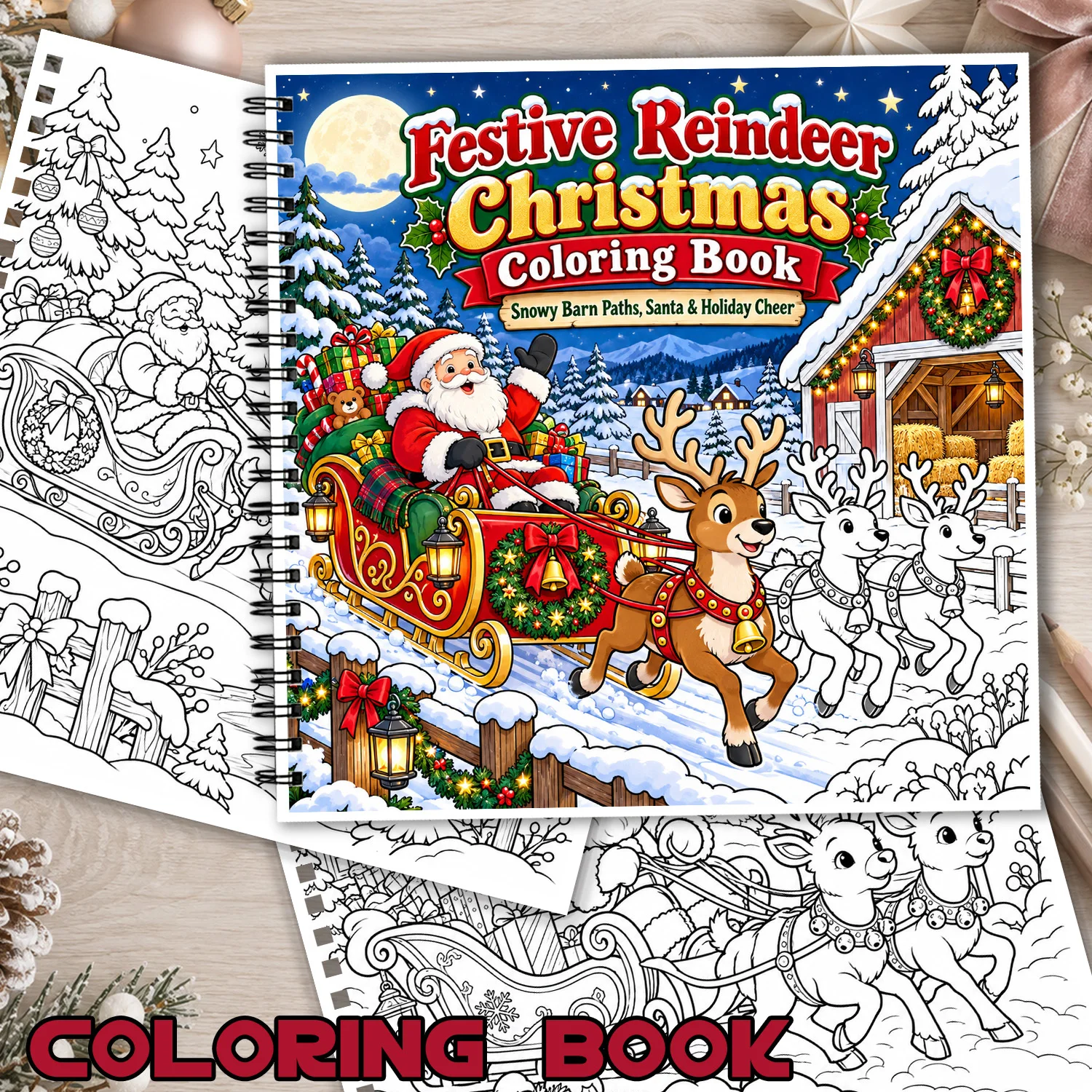 Festive Reindeer Coloring Book Spiral Bound 24Pages Showcasing Creativity & Relieving Stress Design Snowy Barn Santa Scene