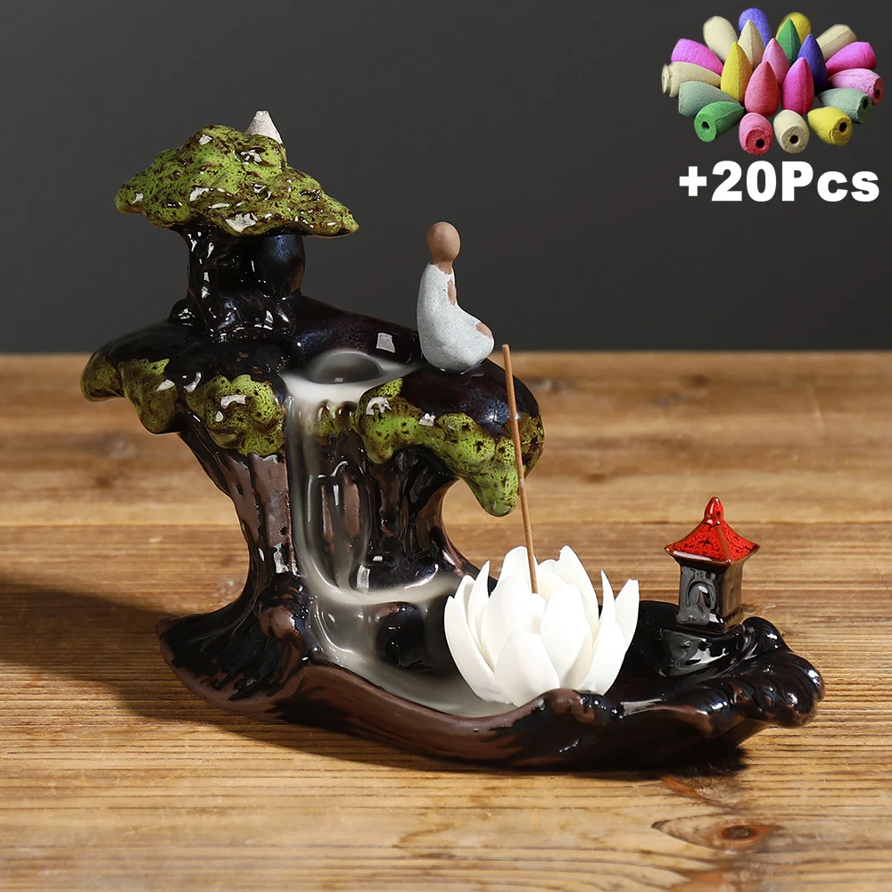 Zen Rockery Landscape Home Decorations White Porcelain Incense Stick Cone Censer Ceramic Waterfall Backflow
