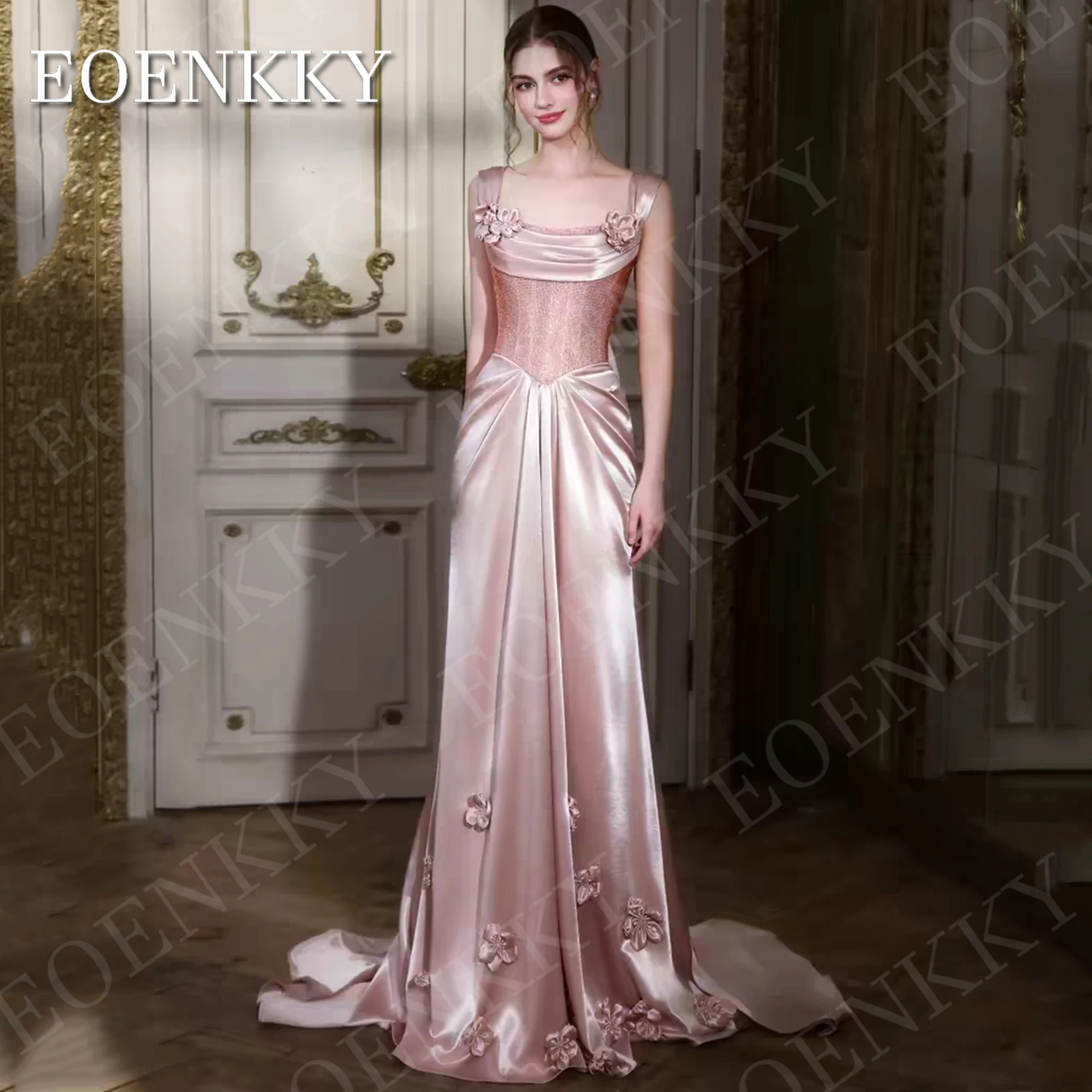 EOENKKY Evening Dresses Square Neck Prom Gowns Customized Pink Mermaid 3D Flowers Satin Party Dress Luxury Woman платье вечернее