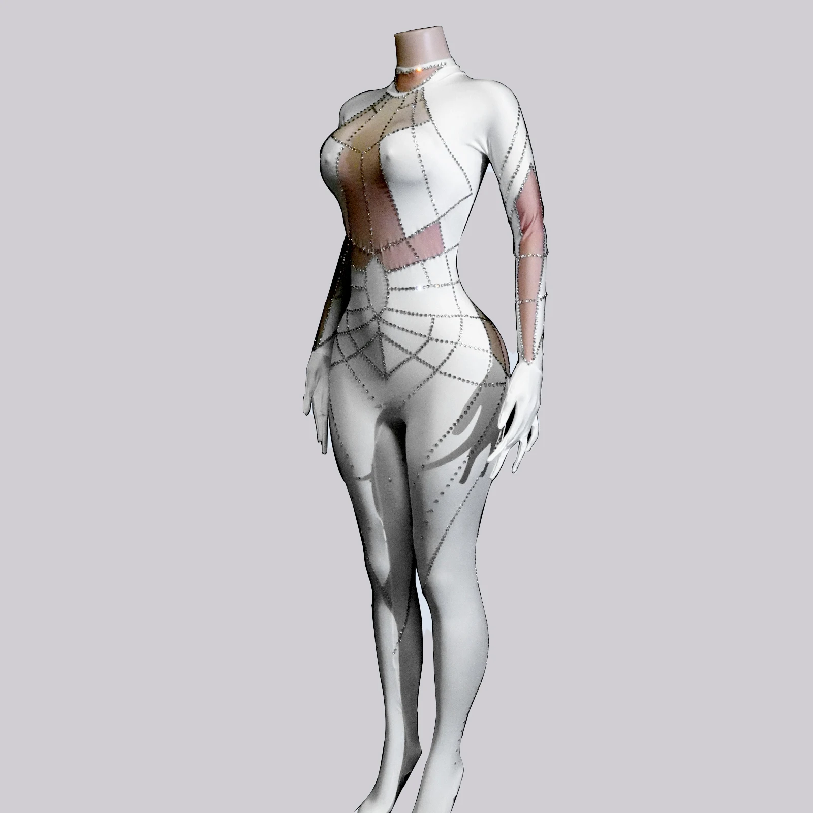 Sparkle White Rhinestones Long Sleeve Jumpsuits Drag Queens Costume Stage Clothes Gogo NightClub Pole Dance Performance Club DS