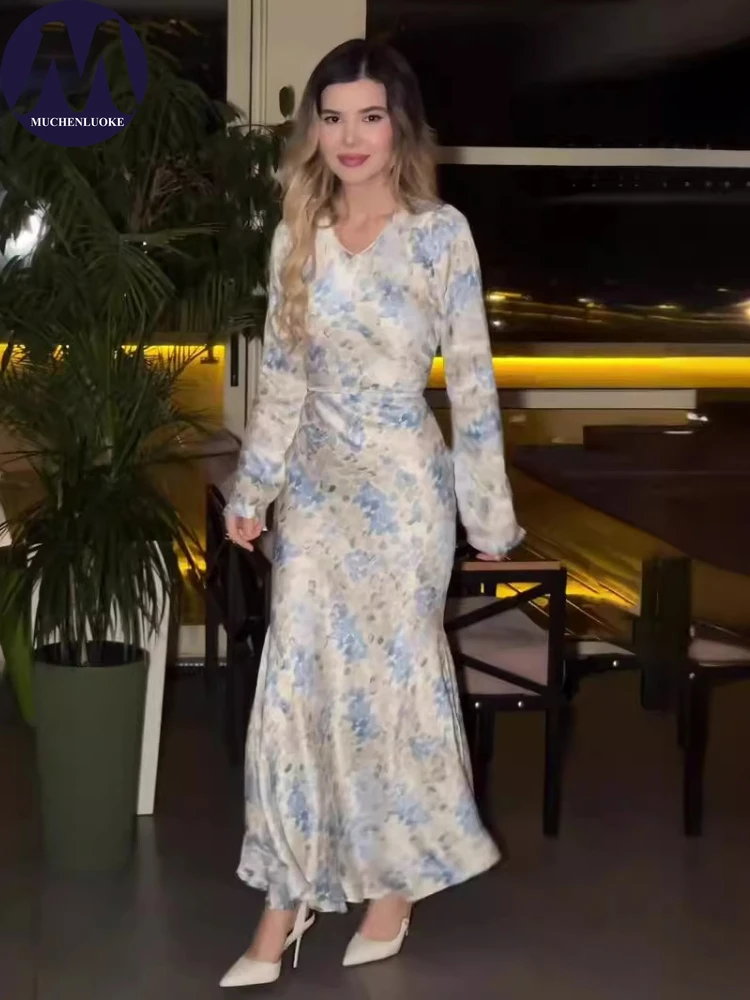 

Women's Elegant Dresses 2025 Spring Autumn New Satin Printed V Neck Long Sleeves Dress Fashionable Sexy Slim Fit Lace Up Dress