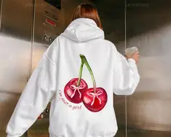 Coquette Cherry Woman Hoodie Words on Back Bow Hoody Trendy Ribbon Hoodie Trending Tumblr Hooded Graphic Hoodie Pink Ribbon