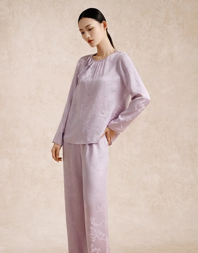 BirdTree, 6A 100%Mulberry Silk Pajamas Set, Women Long Sleeve Top Pants, Jacquard Soft Sleep Home Clothes, Summer Fall S48309QC