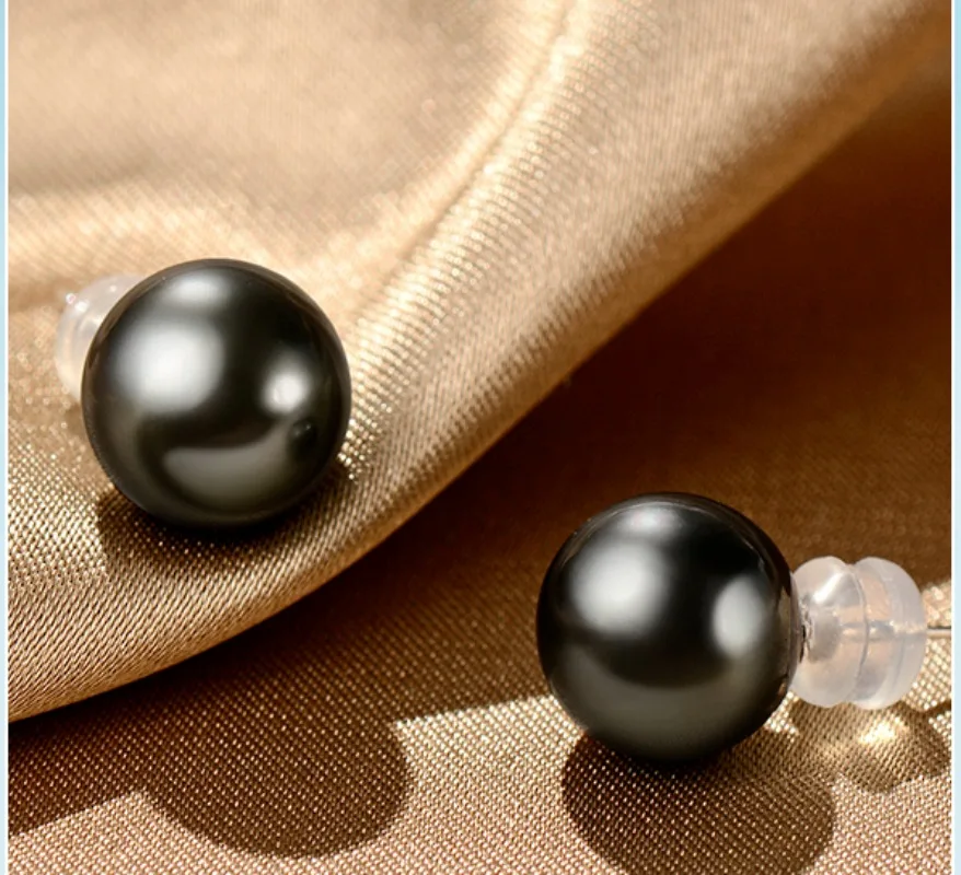 PAIR OF 9-10MM NATURAL SOUTH SEA TAHITIAN GENUINE BLACK ROUND PEARL STUD EARRING  sterling silver 925