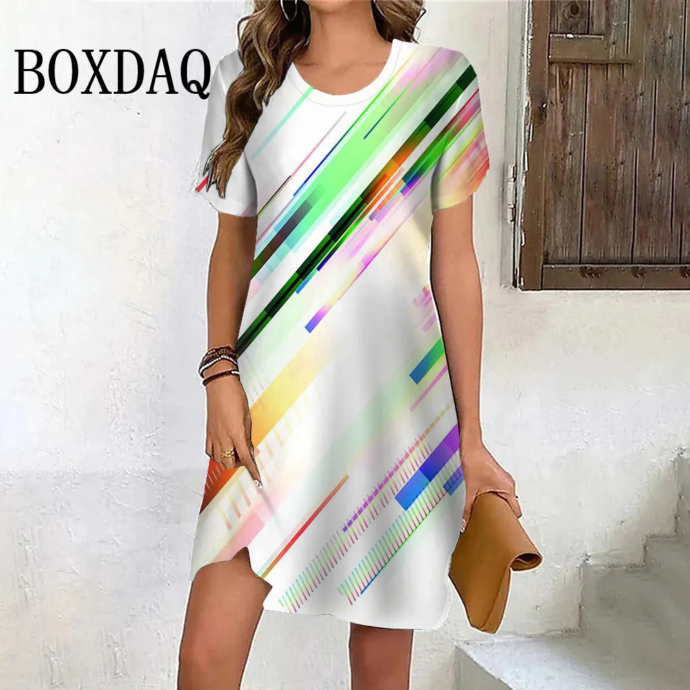 Oblique Stripe Abstract Gradient Dress Casual Fashion Women Pullover Short Sleeve Mini Dress Summer 3D Print Loose A-Line Dress