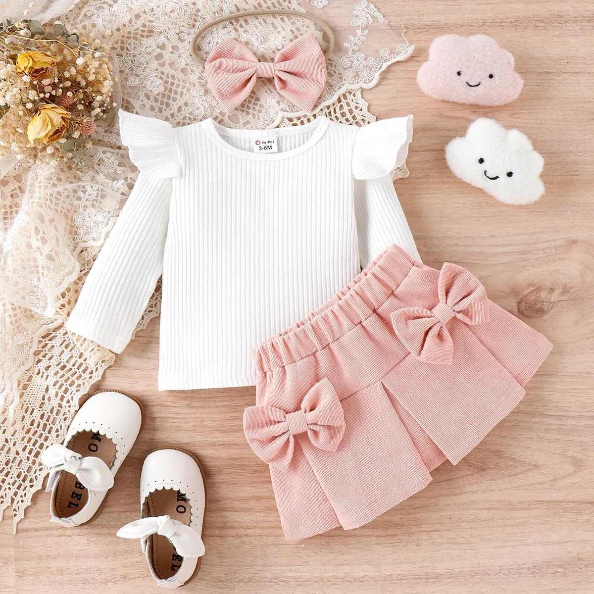 PatPat 3pcs Baby Girl 95% Cotton Ribbed Ruffle Long-sleeve Top and Bow Front Skirt & Headband Set Basic Style Comfortable