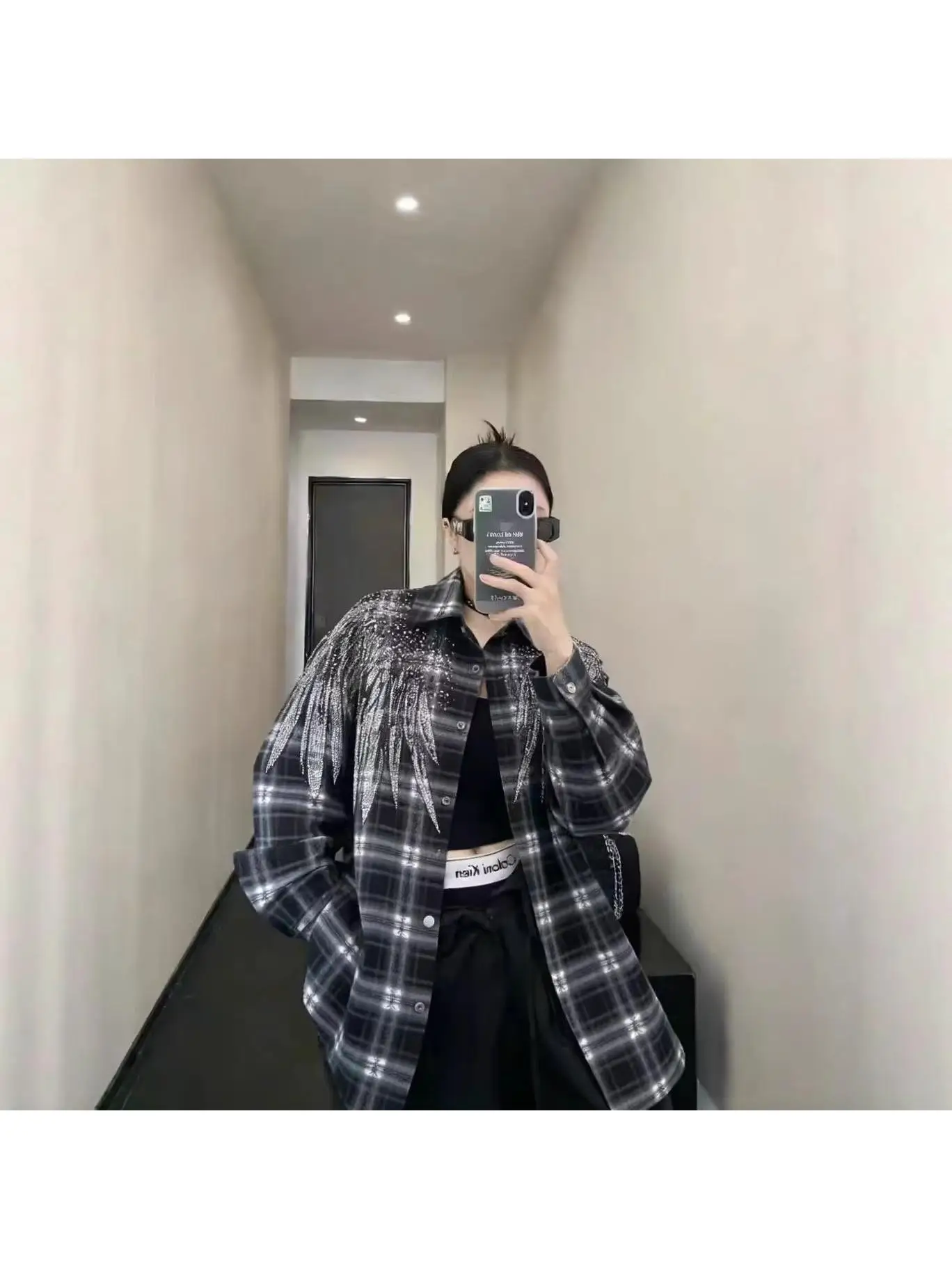 Spring 2026 Women's Heavy Duty Glitter Front And Back Loose Fit Midi Shirt Trendy Plaid Pattern Turn down Collar Long Sleeve