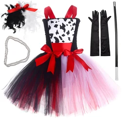 Evil Cruella Cosplay Costumes for Girls Wicked Witch Queen Halloween Dresses for Kids Dalmatian Dog Tutu Outfit Children Clothes