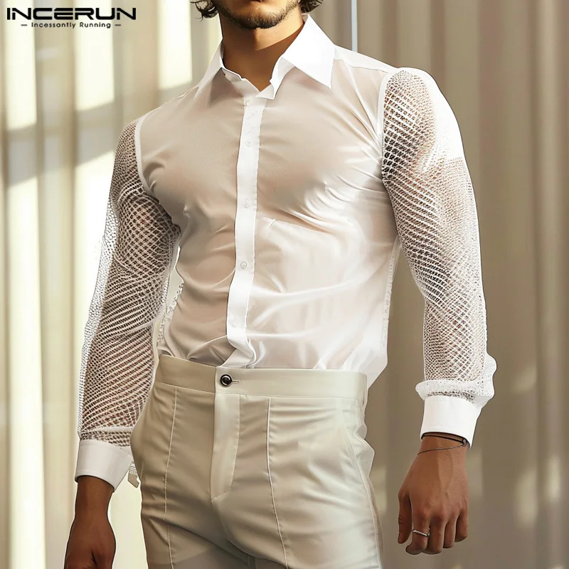 

INCERUN Men's Shirt Mesh Patchwork Lapel Long Sleeve Casual Men Clothing Streetwear 2024 Fitness Fashion Leisure Camisas S-5XL