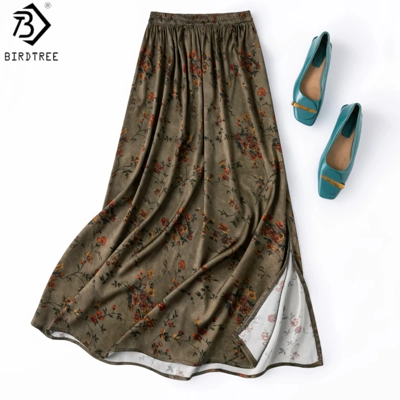 

Birdtree, 95% Silk 5% Spandex Print Skirt, Side Slit, Women's Plain Satin Retro Skirts, Elastic Waist, 2026 Summer New D65537JF