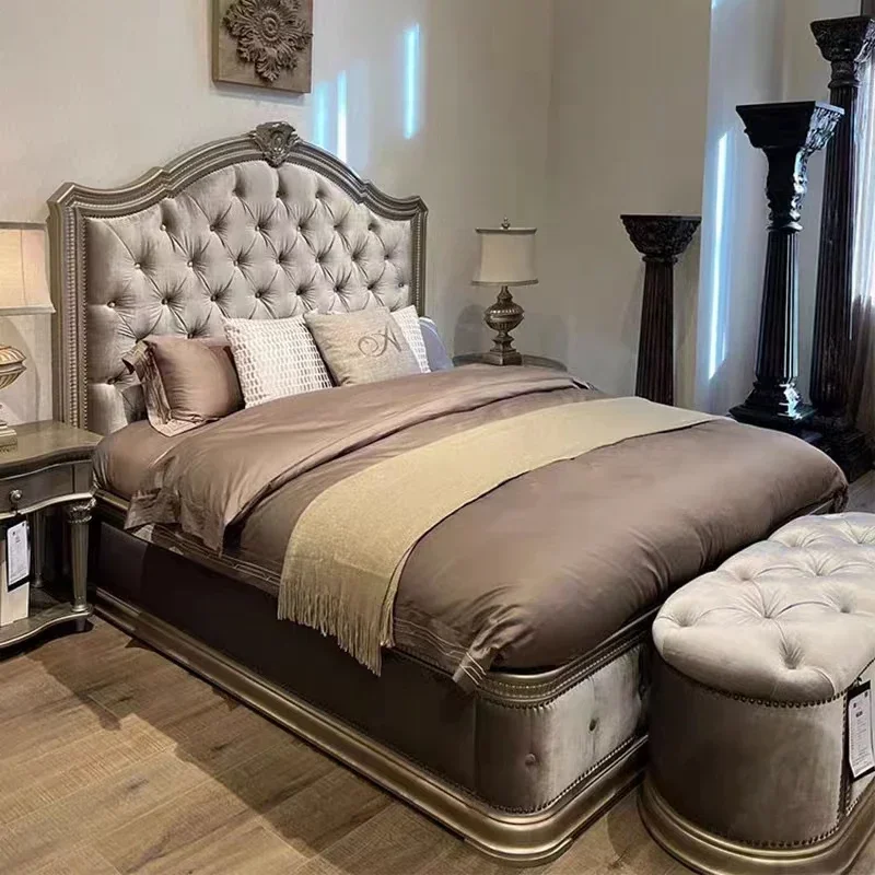 American Light Luxury Oak Solid Wood Bed French Country Retro Distressed Double Bed