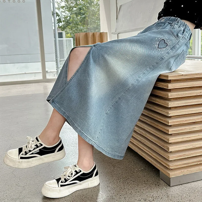 School Girls Denim Love Skirt Four Summer High Waist Casual Midi Skirt for Children Fashion Pocket Teenage Kids Jeans 13 14Y