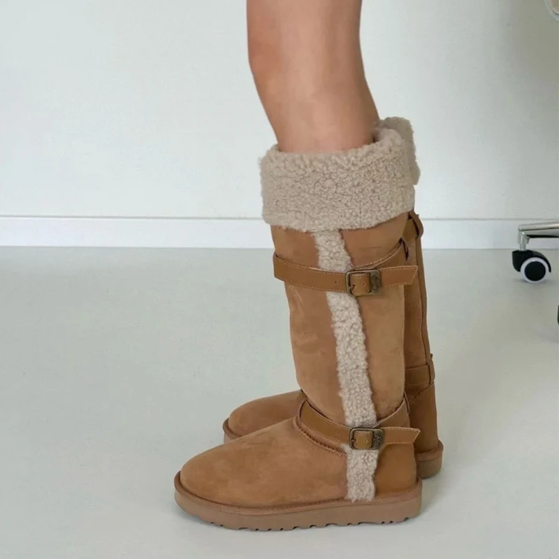 موضة شتاء جديد دافئ البقرة المدبوغ الفراء الثلوج الأحذية النسائية البني شقة لينة حذاء برقبة للركبة الفاخرة مصمم جولة تو أحذية مريحة #4