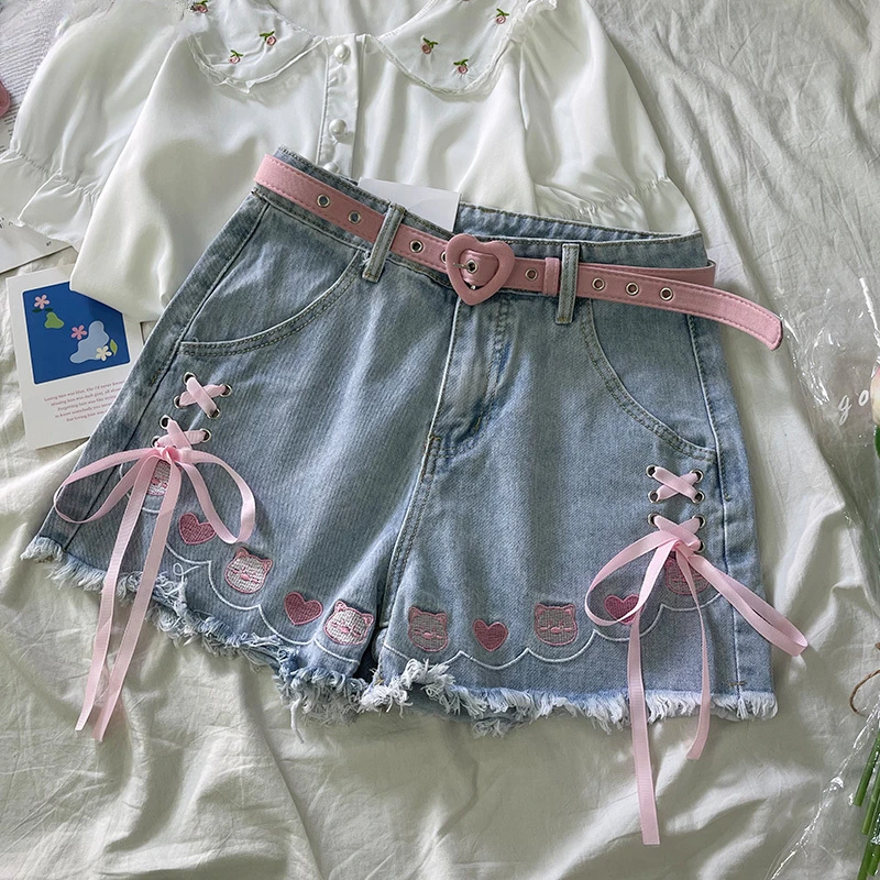 Japanese Chic Bandage Lolita Denim Shorts Women Sweet Cute Cartoon Piggy Embroidery Bow Jeans Girl Kawaii Y2k Short Pants Summer