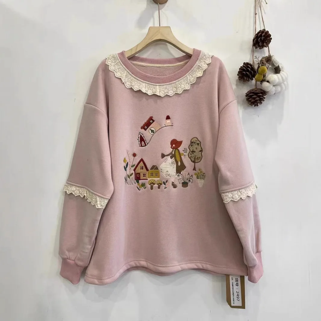 Japan Style Sweet Mori Girl Cute Cartoon Embroidery Fleece Sweatshirt Pullovers Women O-neck Long Sleeve Casual Loose Hoodie